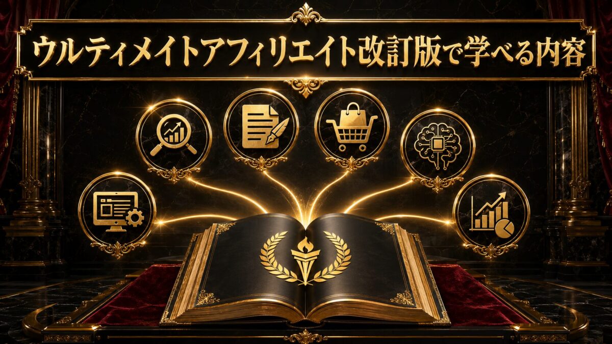 ウルティメイトアフィリエイト改訂版でWordPress・SEO・記事作成・商品紹介・AI活用・サイト改善を学べることを表した画像
