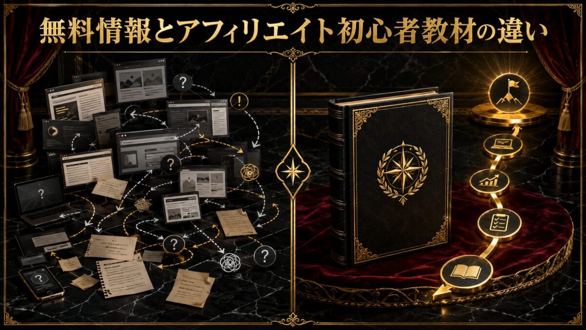 散らばった無料情報と学ぶ順番が整理されたアフィリエイト初心者教材の違いを比較した画像