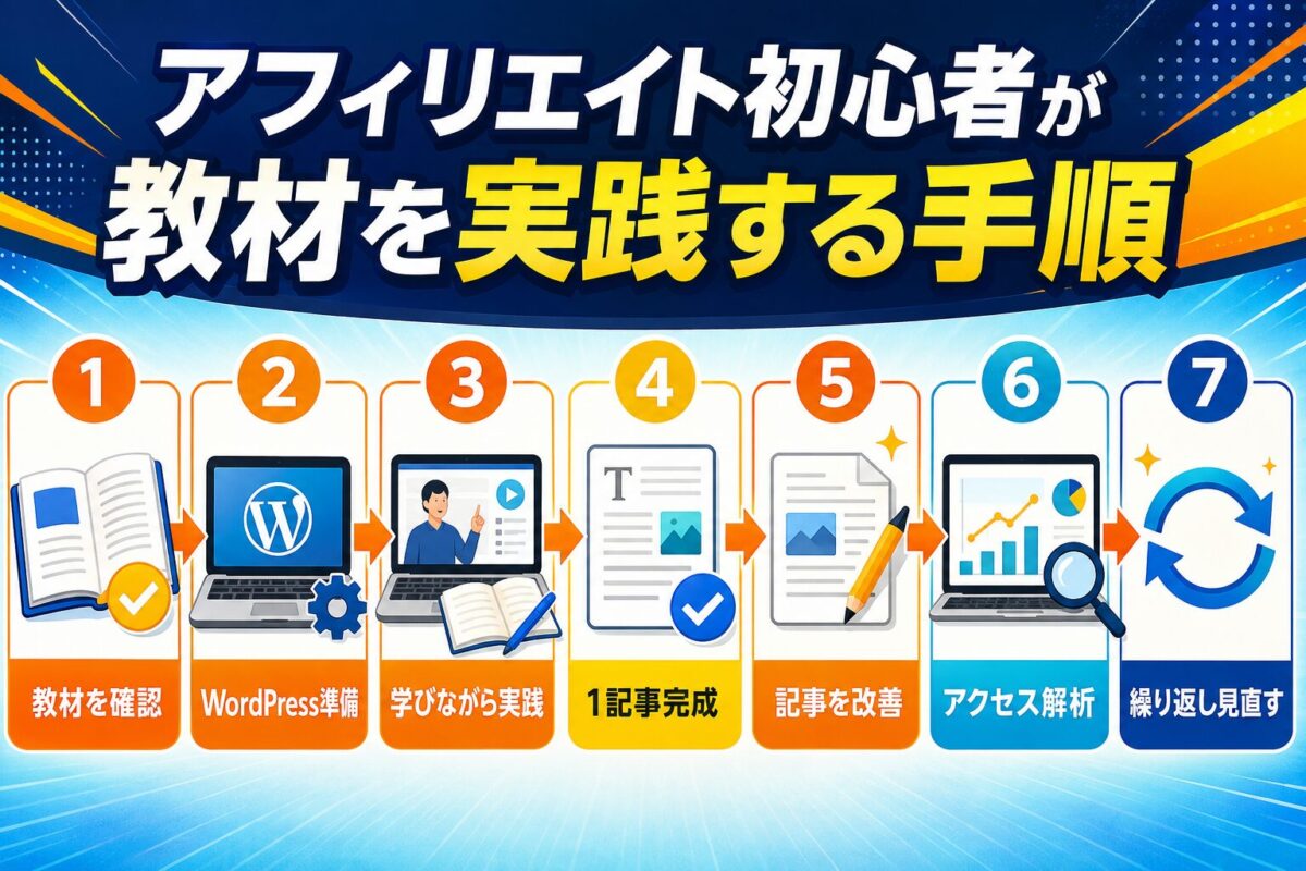 アフィリエイト初心者が教材を確認し、WordPress準備・記事作成・アクセス解析・改善を繰り返す実践手順