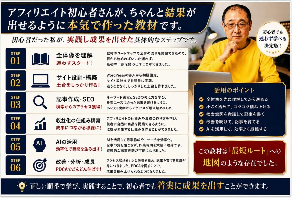 アフィリエイト初心者が結果を出せるように本気で作った教材の学習ステップと活用ポイントを紹介する画像