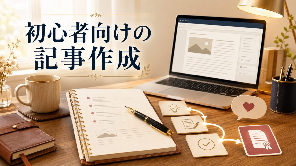 アフィリエイト初心者が読者の悩みを考えながら記事を構成してWordPressへ投稿する様子を表した画像