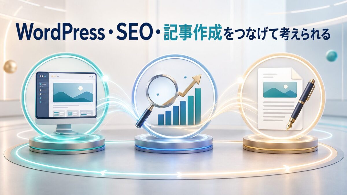 WordPress運営・SEO対策・記事作成の3つを連携させてブログを育てる考え方を表した画像