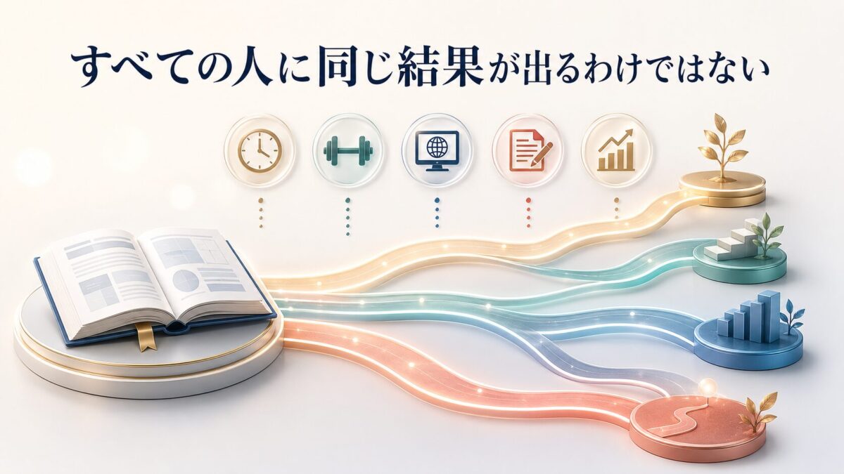 同じアフィリエイト教材を使っても作業量・経験・継続期間などにより結果が異なることを表した画像
