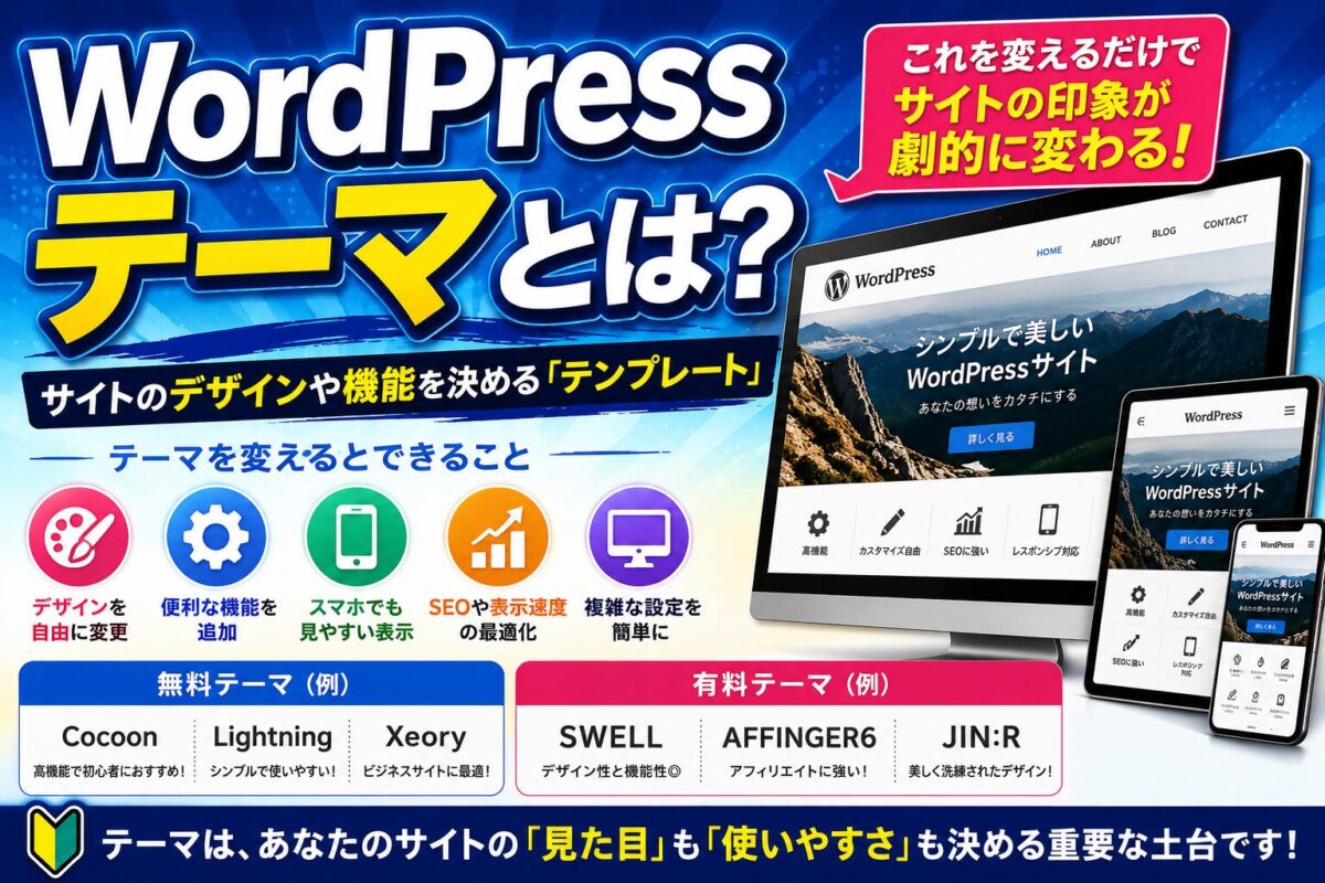WordPressテーマの役割や無料テーマ・有料テーマの違いを初心者向けに解説する画像