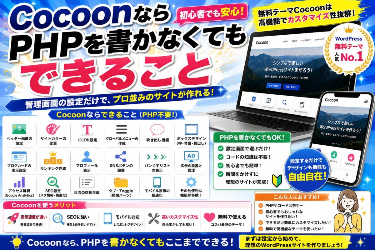 CocoonならPHPを書かなくても管理画面の設定だけで豊富なカスタマイズができることを紹介する画像