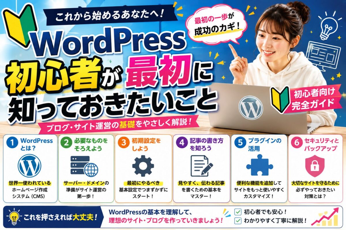 WordPress初心者が最初に知っておきたい基本知識を解説するイメージ画像。レンタルサーバー・ドメイン・WordPress・テーマ・SEO・ブログ運営の全体像を初心者向けに紹介。