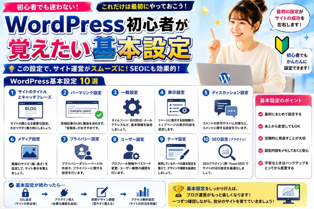 WordPress初心者が最初に覚えたい基本設定をまとめた画像。サイトタイトル、パーマリンク、表示設定、テーマ設定、SEO設定などブログ運営に必要な初期設定を解説。