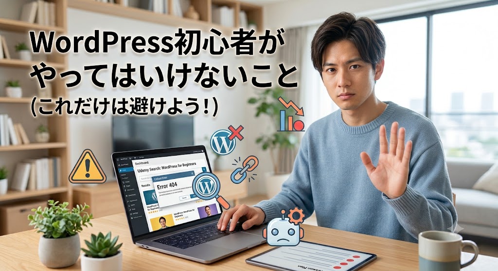 パソコンの前で「待った」のポーズをする真剣な表情の男性。「WordPress初心者がやってはいけないこと（これだけは避けよう！）」という文字、404エラー、警告、リンク切れのアイコンが配置された、ブログ用アイキャッチ画像。