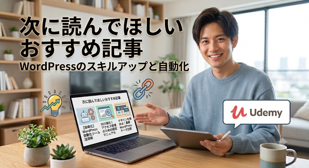 Udemy講座が紹介されたパソコンの前で笑顔で座る男性。「次に読んでほしいおすすめ記事 WordPressのスキルアップと自動化」という文字、自動化、SEO、デザインのアイコンが配置された、ブログ用アイキャッチ画像。