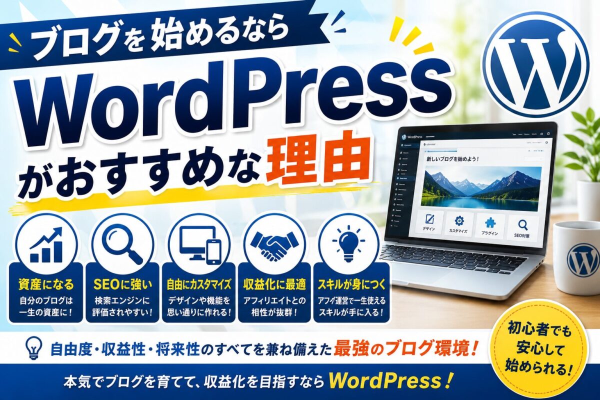 ブログ初心者にWordPressがおすすめな理由を資産性・SEO・自由度・収益化の観点から解説するイメージ画像