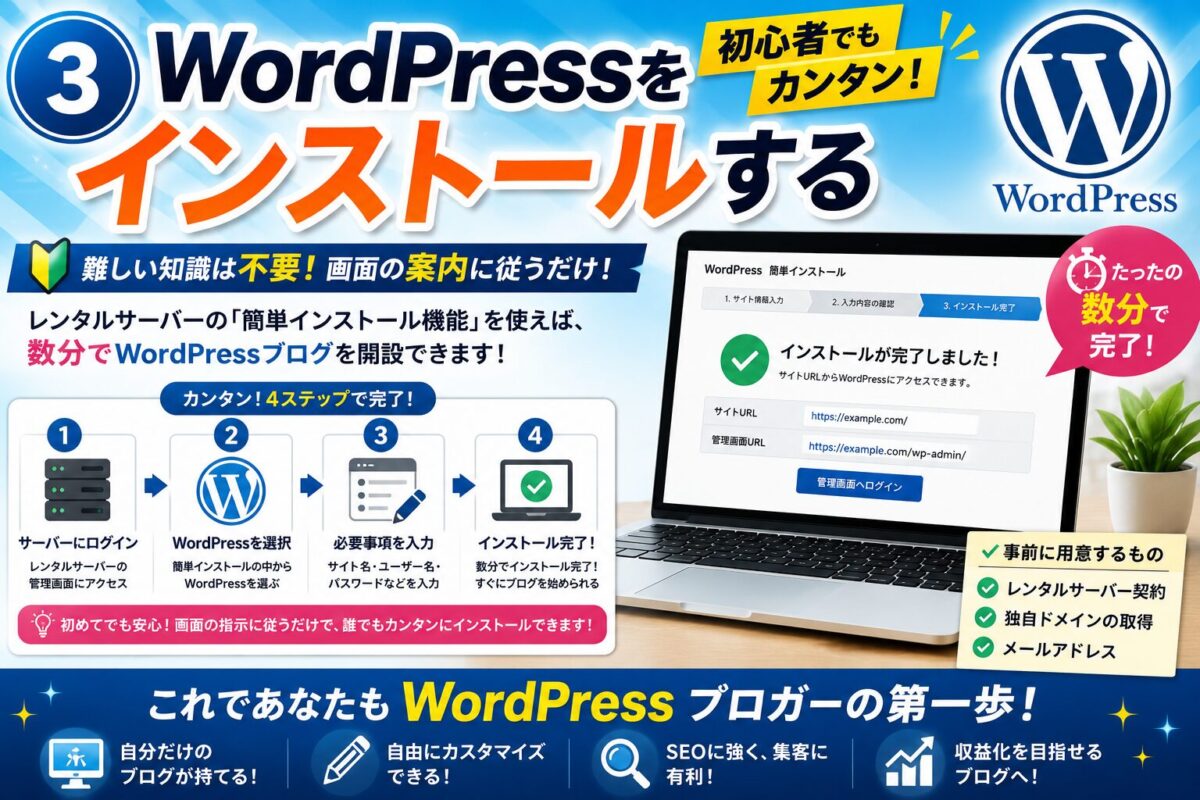 WordPressをレンタルサーバーへインストールする手順を初心者向けに解説したイメージ画像