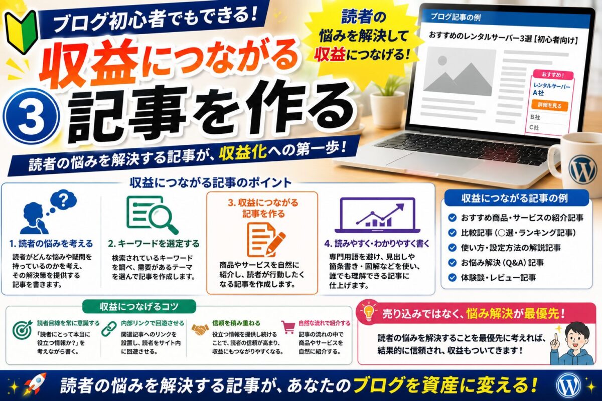 読者の悩みを解決しながら収益につながる記事の作り方を解説したイメージ画像