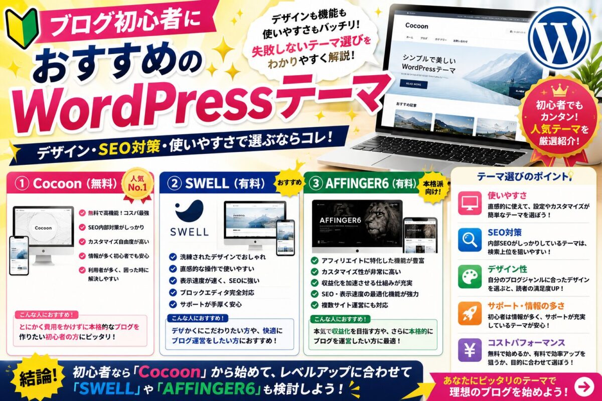 ブログ初心者におすすめのWordPressテーマ「Cocoon・SWELL・AFFINGER」を比較して紹介したイメージ画像