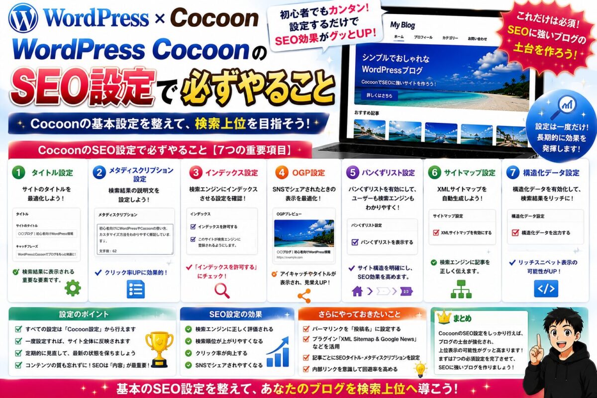 WordPress CocoonのSEO設定で必ずやるべき基本設定を初心者向けに解説する画像