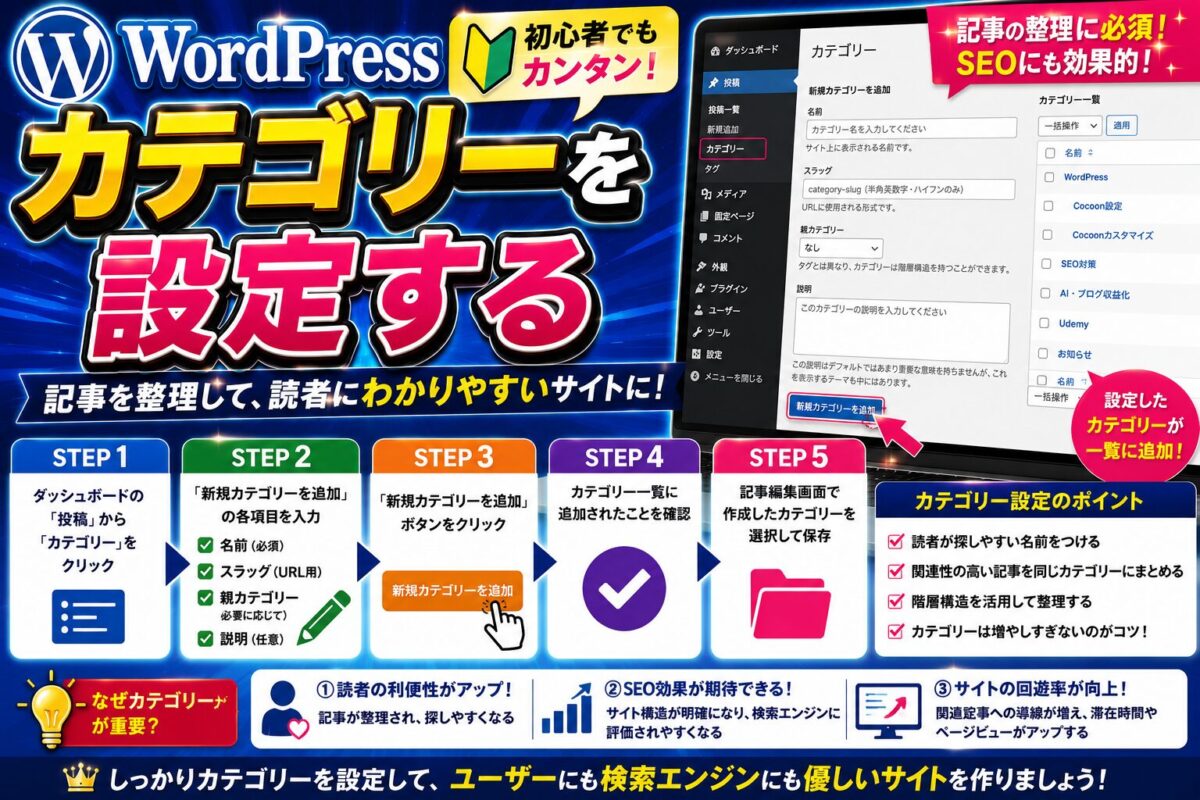 WordPress Cocoonでカテゴリーを設定してサイト構成を整理する方法を紹介する画像