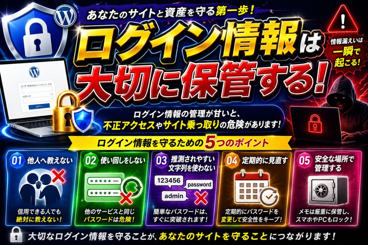 WordPressのログイン情報を安全に管理する重要性を解説する画像。ユーザー名やパスワードを適切に保管し、不正ログインを防ぐポイントを紹介。
