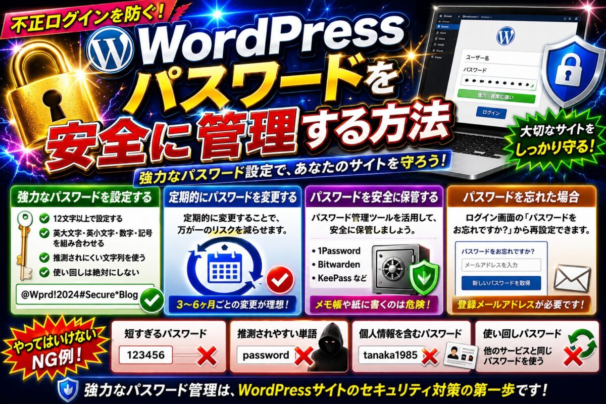 WordPressパスワードを安全に管理する方法を解説する画像。強力なパスワードの作り方や安全な管理方法、セキュリティ強化のポイントを紹介。