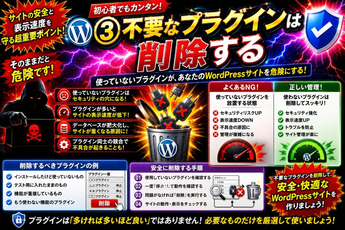 WordPressで不要なプラグインを削除する重要性を解説する画像。セキュリティ向上や表示速度改善、安全なサイト運営のポイントを紹介。