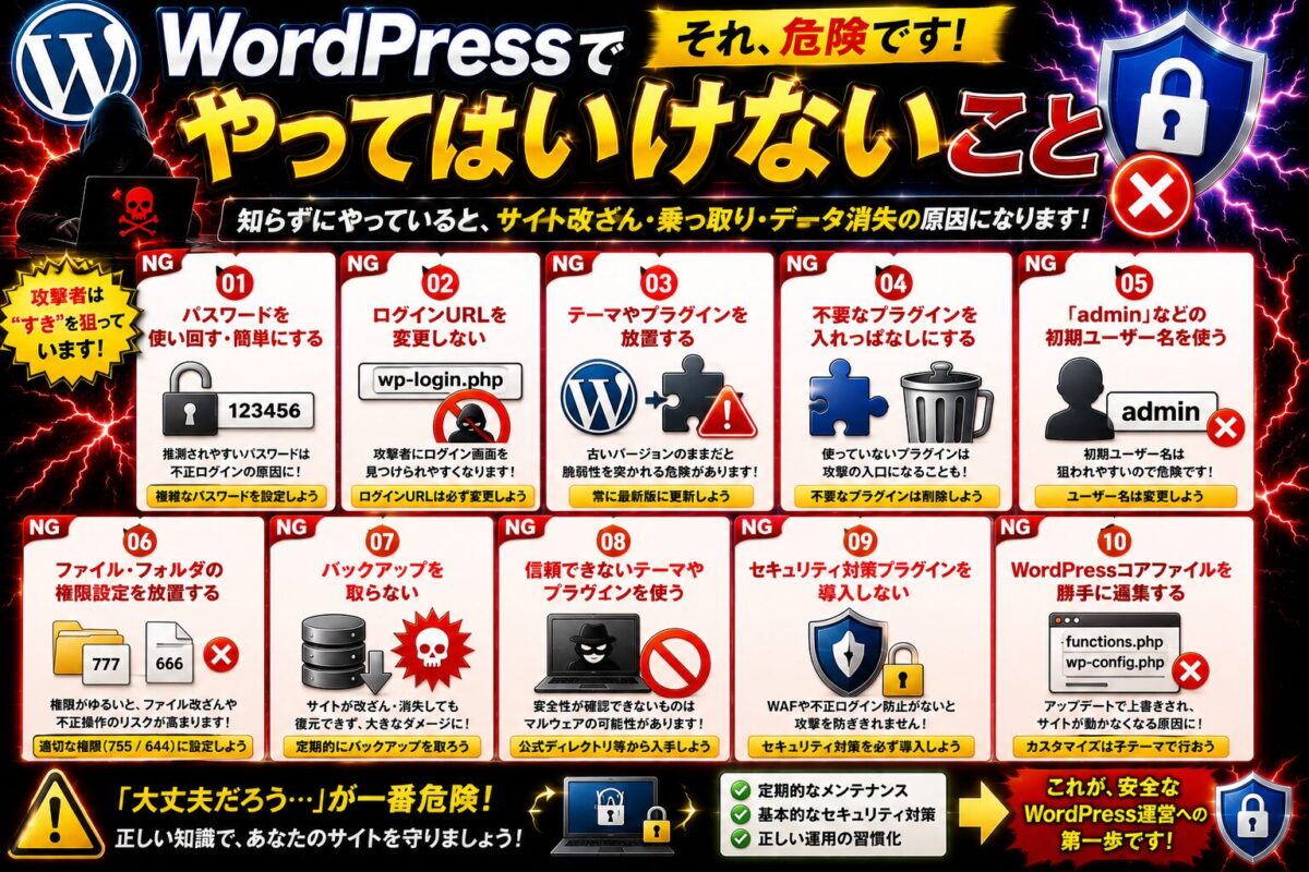 WordPressでやってはいけない危険な設定や運用方法を解説する画像。弱いパスワードや更新の放置、不必要なプラグインなど避けるべきポイントを紹介。