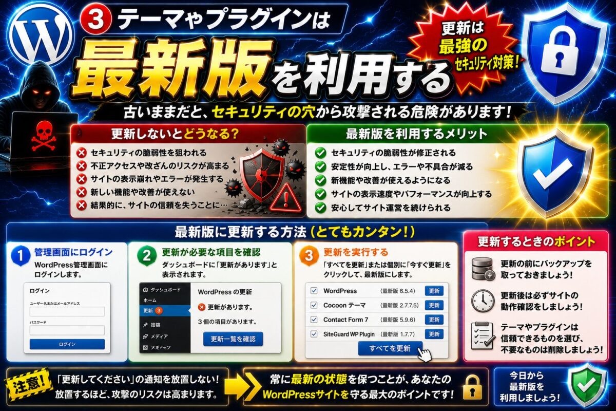 WordPressのテーマやプラグインを最新版へ更新する重要性を解説する画像。脆弱性対策やセキュリティ向上、安全なサイト運営のポイントを紹介。