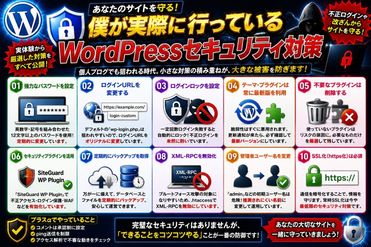 僕が実際に行っているWordPressセキュリティ対策を紹介する画像。SSL化、ログインロック、バックアップ、最新版への更新など実践している対策を公開。