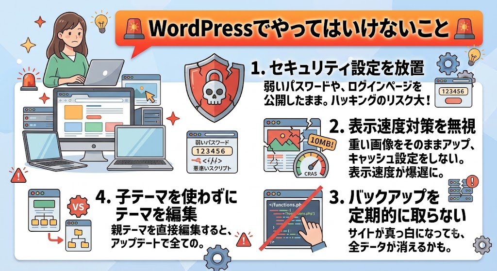薄いブルーの背景に、赤色の警告灯アイコン付きで「WordPressでやってはいけないこと」と大きく書かれた注意喚起の解説画像。左上にはノートPCの前に座って困った表情をしている女性のイラストが描かれている。画面内にはやってはいけない4つのNG行為が並んでおり、「1. セキュリティ設定を放置（弱いパスワードやログインページの公開、ハッキングのリスク大！の文字とドクロの盾のイラスト）」「2. 表示速度対策を無視（重い画像をそのままアップ、キャッシュ設定をしない。表示速度が爆遅に。の文字とひび割れたブラウザ・スピードメーターのイラスト）」「3. バックアップを定期的に取らない（サイトが真っ白になっても、全データが消えるかも。の文字と赤線で消されたコード画面のイラスト）」「4. 子テーマを使わずにテーマを編集（親テーマを直接編集すると、アップデートで全ての変更が消える。の文字と子テーマの構成図イラスト）」が、全体的に警告をイメージさせる派手なデザインで紹介されている。