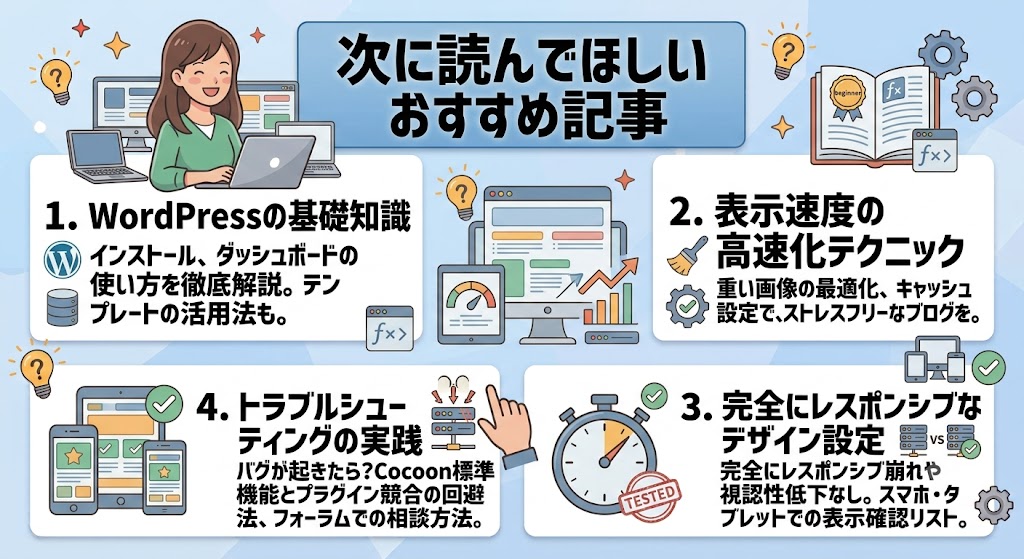 淡いブルーの背景に「まとめ｜WordPressログインとセキュリティ対策は最初に行おう」と大きく書かれた記事の総括画像。左上にはノートPCを前にして、笑顔で前を指さしている女性のイラストが描かれている。画面内には4つのまとめポイントが並んでおり、「1. ログイン情報の作成（初期ユーザー名(adminなど)は絶対使わない、強力でランダムなパスワードを設定、管理者メールアドレスの確認と登録の文字と鍵・盾・メールのイラスト）」「2. 基本的なセキュリティ設定（WordPressコア、テーマ、プラグインの自動更新、不要なユーザーアカウントの削除、定期的な全バックアップの設定の文字とサーバー・クラウドのイラスト）」「3. 安全な通信とテーマ管理（完全にレスポンシブ崩れや視認性低下なし、SSL証明書の導入と常時HTTPS化、スマホ・タブレットでの表示確認リストの文字と南京錠・スマートフォンのイラスト）」「4. トラブル時の対応（プラグイン競合の回避術、フォーラムでの相談方法、エラーメッセージの読み解き方の文字とストップウォッチ・握手のイラスト）」が分かりやすく紹介されている。