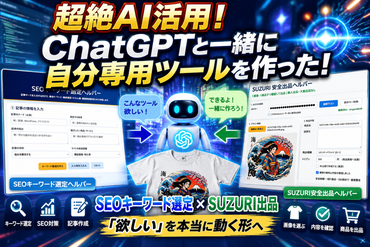 ChatGPTを活用してSEOキーワード選定ヘルパーとSUZURI安全出品ヘルパーを自作したAI活用実録