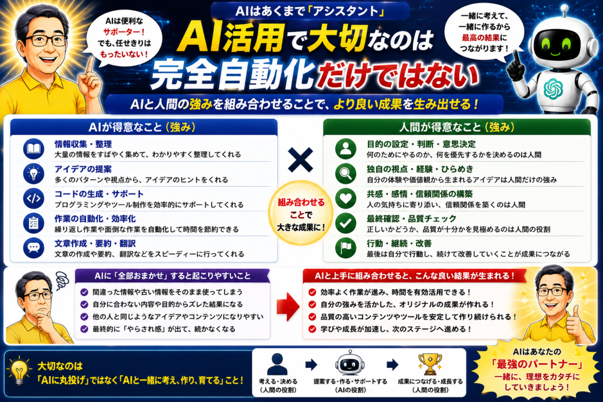 AI活用では完全自動化だけに頼らず、AIの情報整理や作業効率化と人間の判断・経験・最終確認を組み合わせることが大切だと解説する図