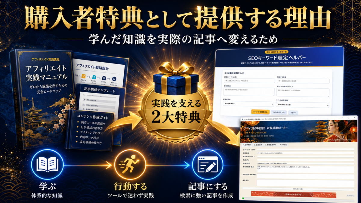 教材で学んだ知識を2つの購入者特典ツールで実践し、SEOキーワード選定から実際の記事作成へつなげる流れ
