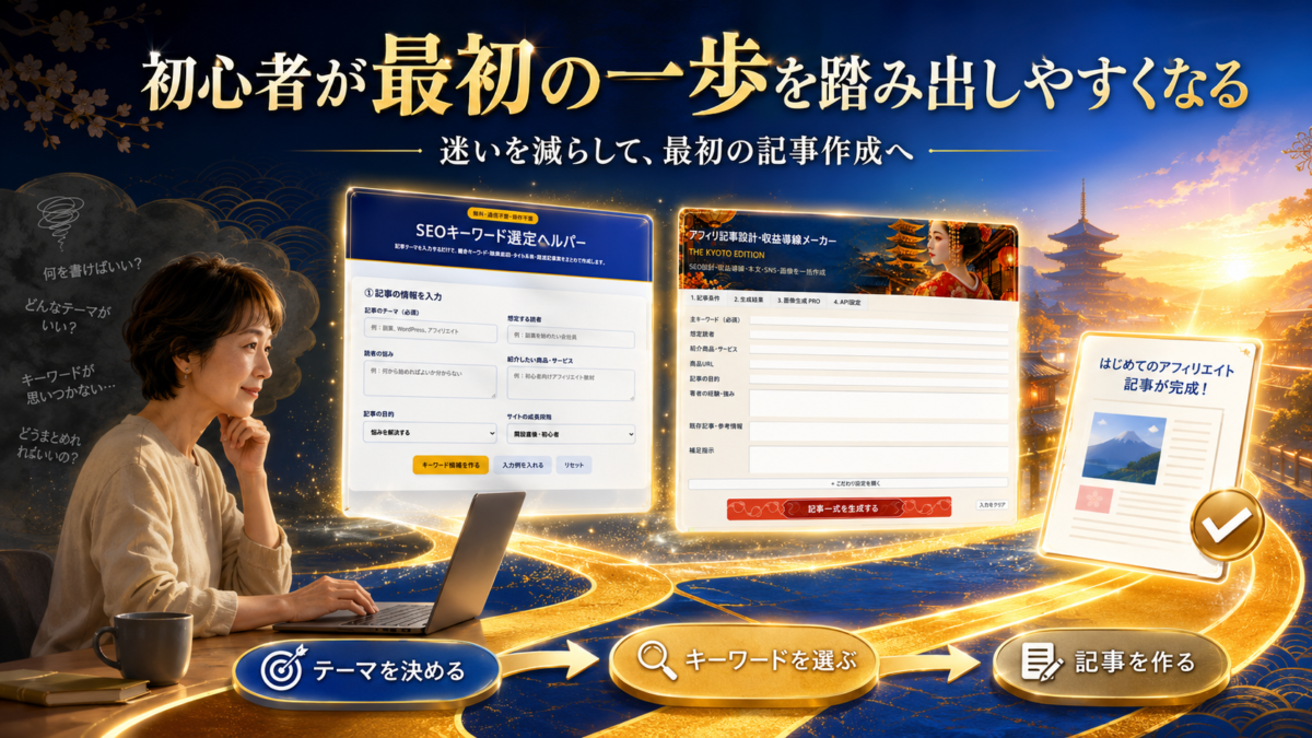 初心者が2つの実践ツールを使ってテーマ決定、SEOキーワード選定、最初のアフィリエイト記事作成へ進む流れ