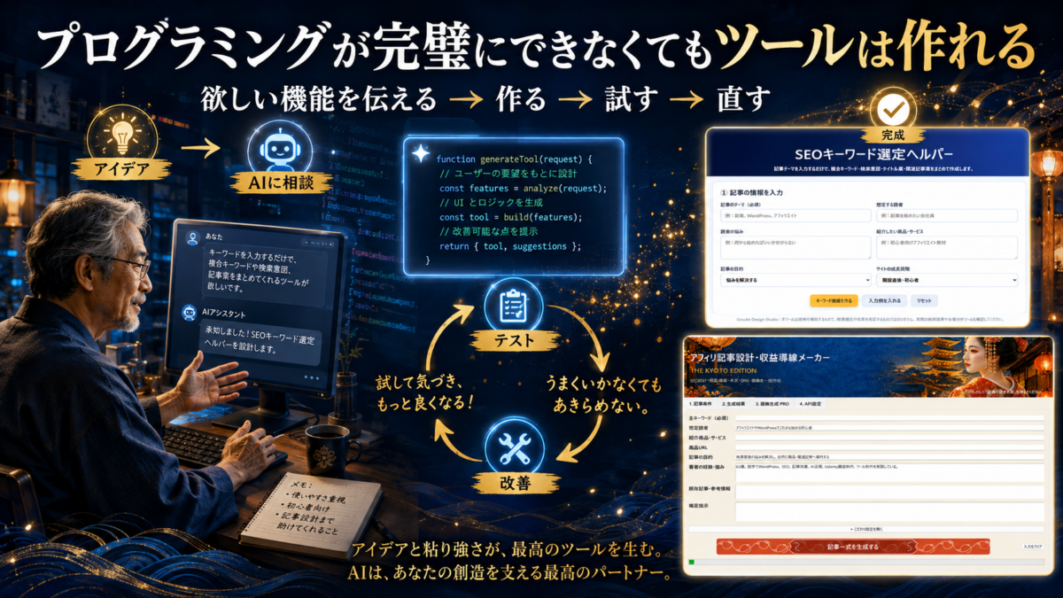 欲しい機能をChatGPTへ伝え、制作・テスト・改善を繰り返して2つの実用ツールを完成させる流れ