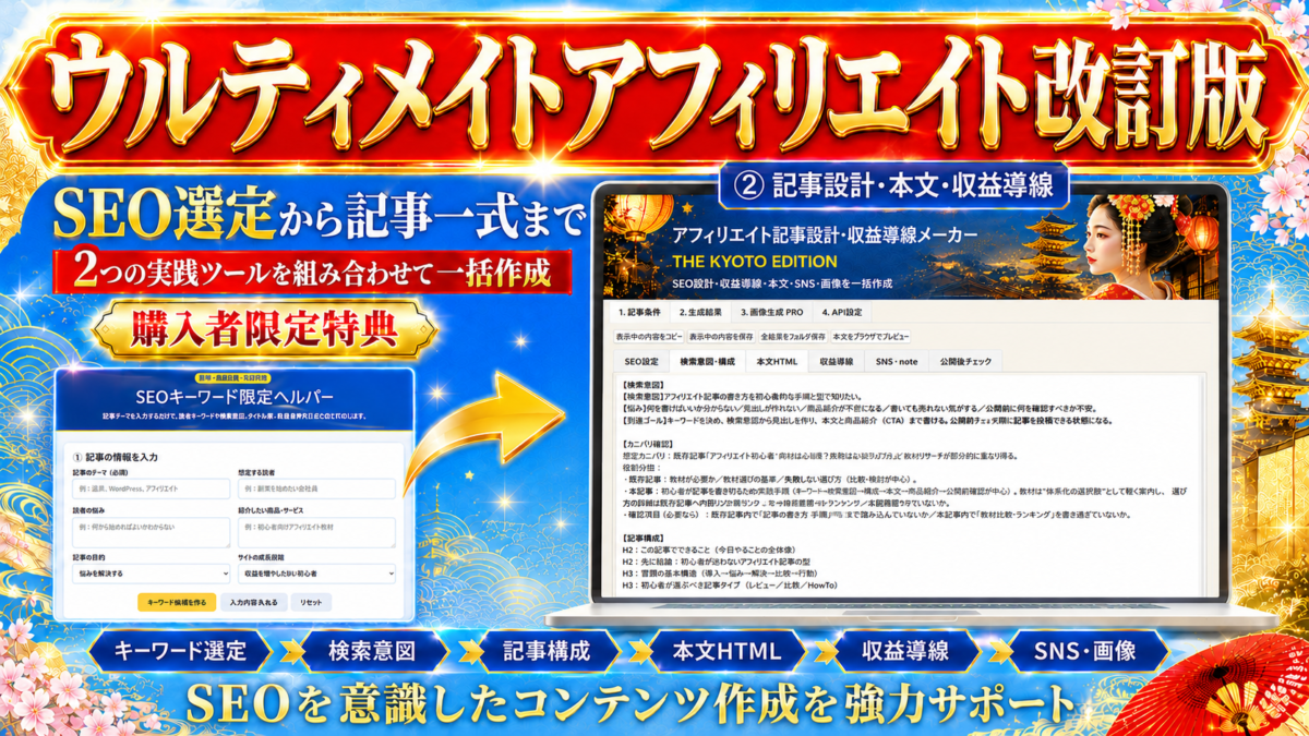 ウルティメイトアフィリエイト改訂版の購入者限定特典としてSEOキーワード選定から記事設計・本文HTML・収益導線まで支援する2大実践ツール