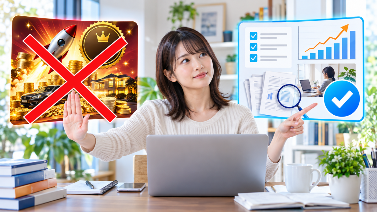 必ず稼げるような誇大表現を避けて教材の内容や根拠を冷静に確認するアフィリエイト初心者