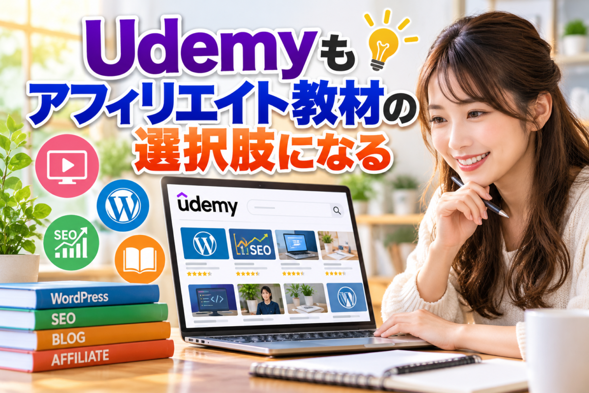 Udemyもアフィリエイト教材の選択肢になることを紹介する女性とノートパソコンの画像