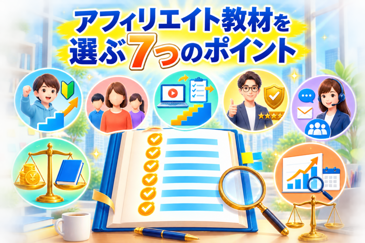 アフィリエイト初心者が対象者・実践手順・販売者・サポート・価格など7つのポイントで教材を選ぶイメージ
