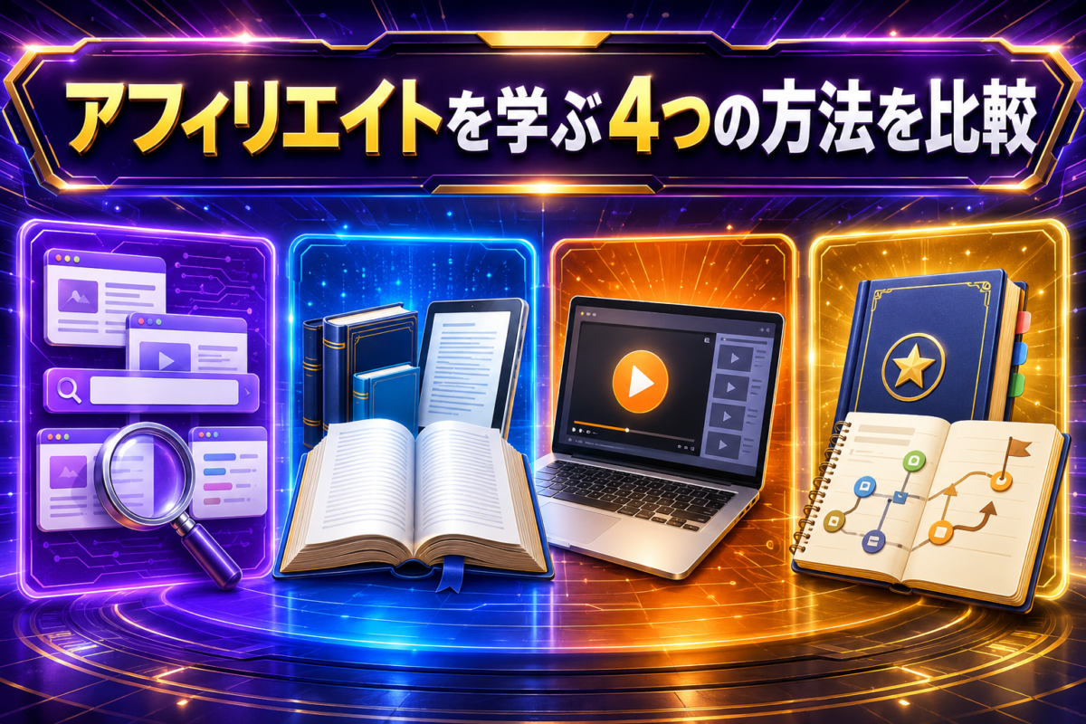 アフィリエイト初心者向けに無料情報・本・動画講座・有料教材の4つの学習方法を比較した画像