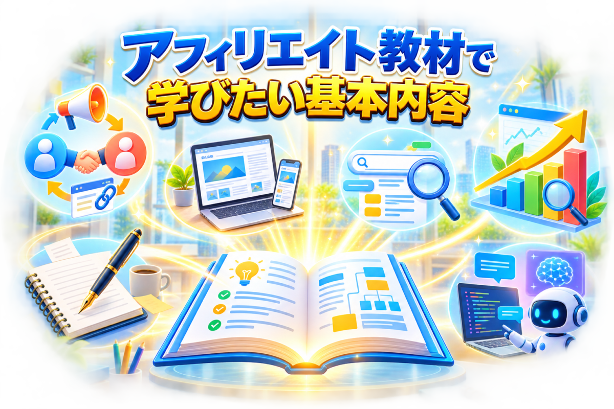 アフィリエイト教材で学びたい仕組み・WordPress・キーワード選定・SEO・記事作成・AI活用の基本内容を表した画像