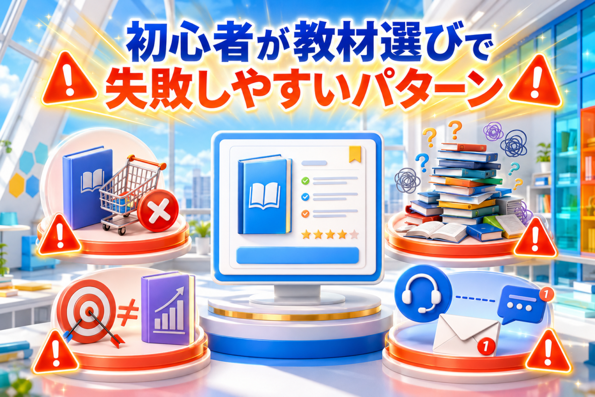 購入だけで満足する・教材を増やしすぎる・目的に合わない・サポートを使わないなど初心者が教材選びで失敗しやすいパターン