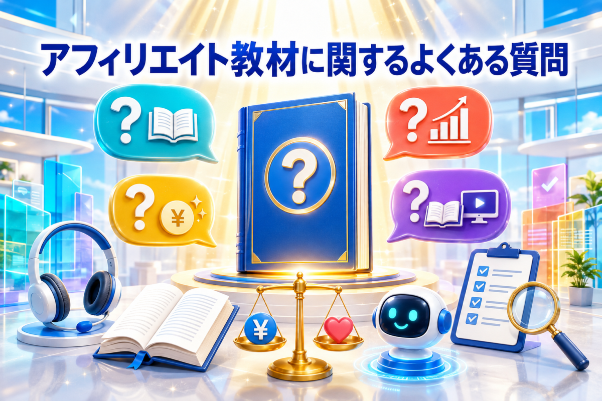 アフィリエイト教材の無料学習・価格・成果・本や動画との違い・AI活用についてのよくある質問を表した画像