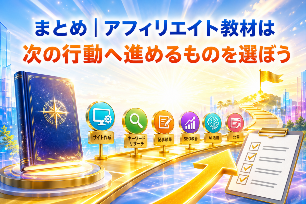 アフィリエイト教材で学ぶ方向を定め、サイト作成・キーワード選定・記事執筆・SEO改善・AI活用・公開へ進む流れを表した画像