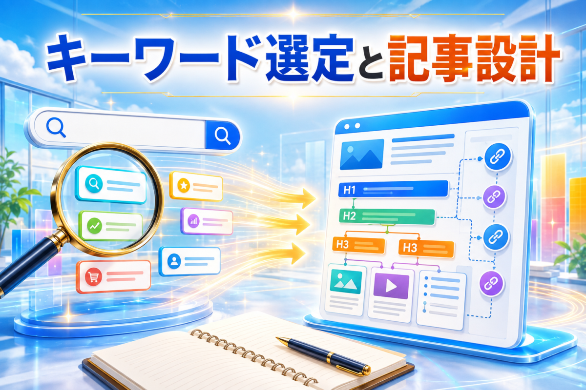 検索キーワードを選定し、タイトル・見出し・内部リンクを整理して記事設計へつなげる流れを表した画像