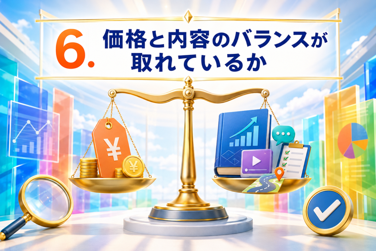 アフィリエイト教材の価格と教材内容・動画・サポート・実践手順のバランスを確認するイメージ