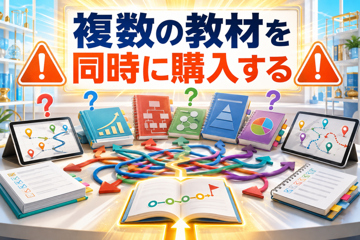複数のアフィリエイト教材を同時に購入して学習方法が混ざり、どれから実践するか迷っている状態のイメージ