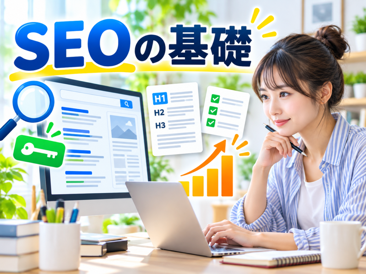 検索キーワードや見出し構成を確認しながらSEOの基礎を学ぶアフィリエイト初心者
