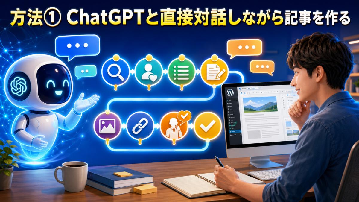ChatGPTと直接対話しながら内容を確認しWordPress記事を作成する流れを表した画像