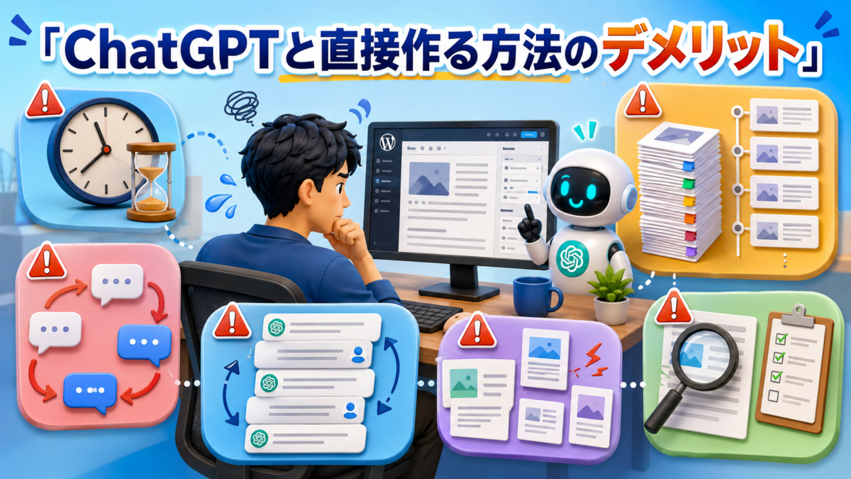 ChatGPTと直接記事を作る際の時間や繰り返し作業などのデメリットを表した画像