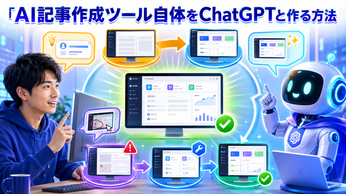 ChatGPTと相談しながら試作品の動作確認と修正を繰り返してAI記事作成ツールを作る方法を表した画像