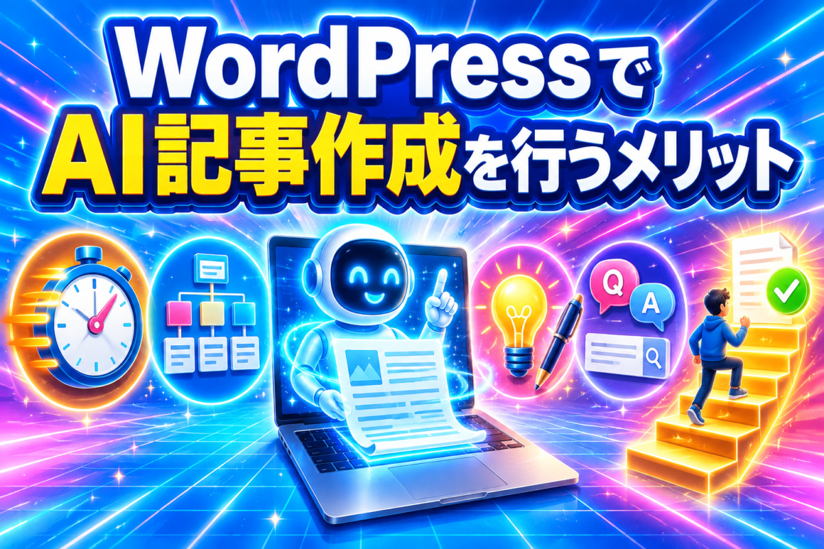 WordPressでAI記事作成を行うことで時間短縮・構成整理・執筆支援・FAQ作成・初心者の投稿を助けるメリットを表した画像