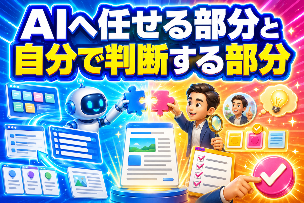 AIへ記事案・構成・下書きを任せ、人が事実確認・経験追加・採用内容・公開を判断する役割分担を表した画像